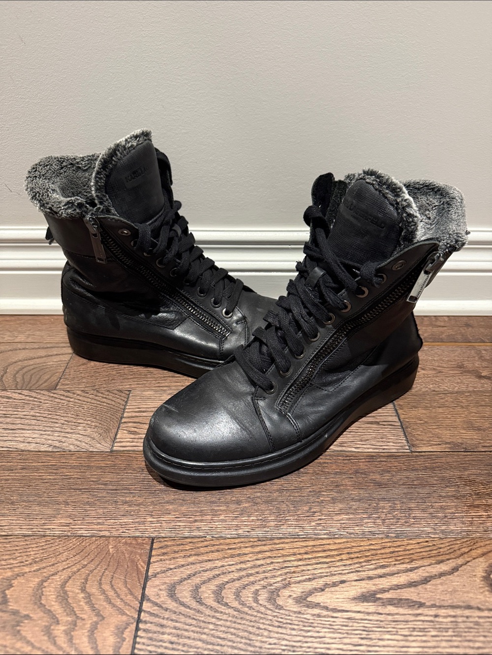 Men's KARL LAGERFELD Black Fur-Lined Lace-Up Boots